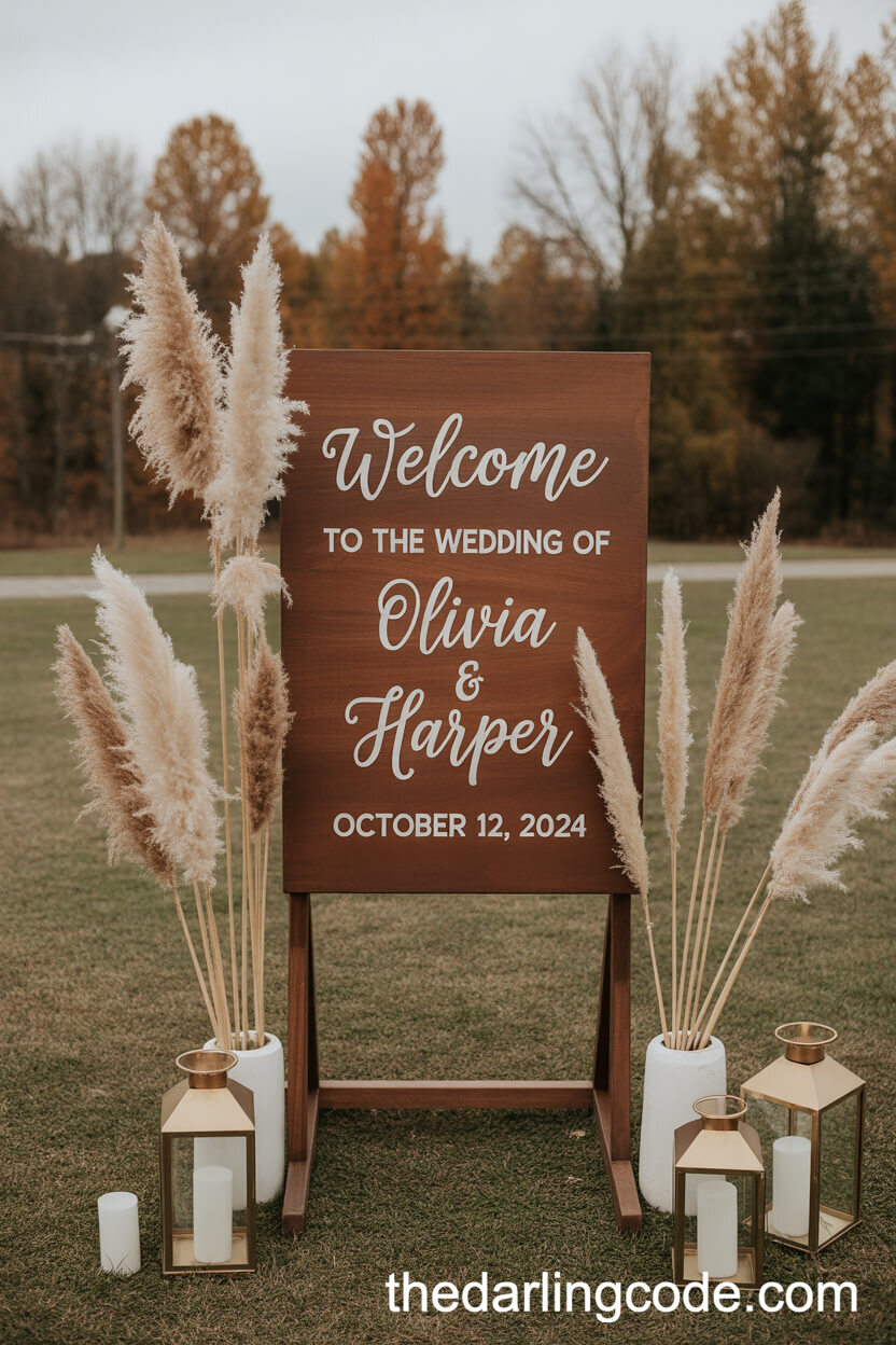Wooden Welcome Sign Surrounded by Pampas Grass