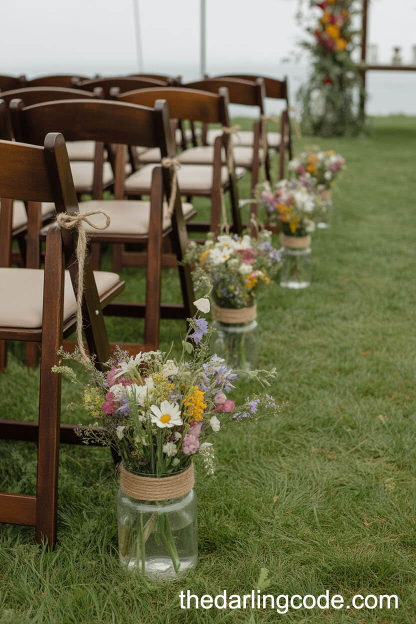 Wildflower-Lined Aisle with Glass Jars and Baskets