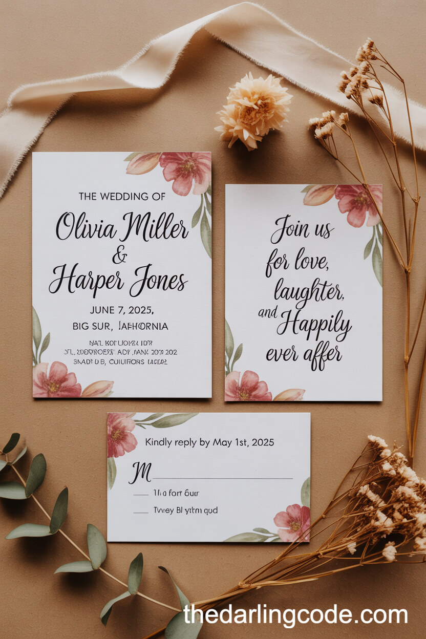 Watercolor Boho Wedding Invitation Suite Flat-lay