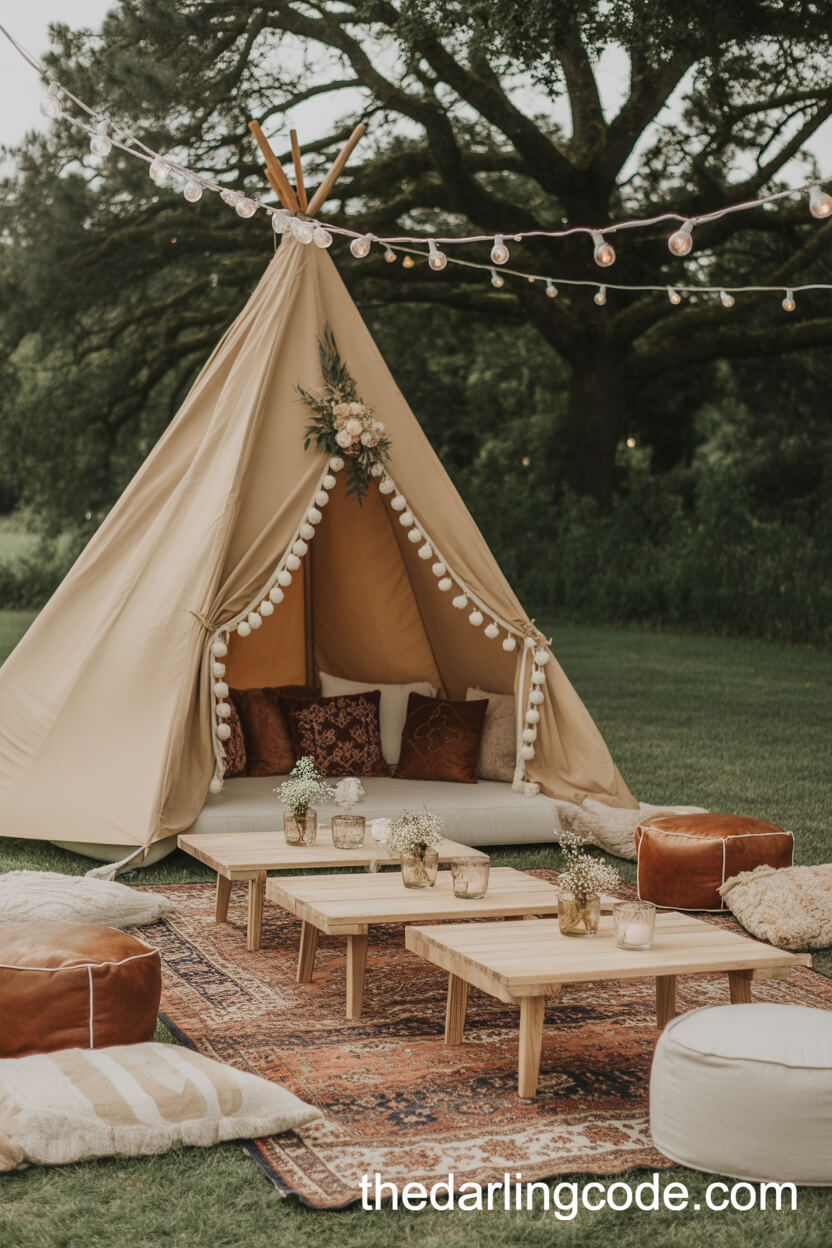 Chic Outdoor Teepee Lounge for Relaxed Wedding Vibes