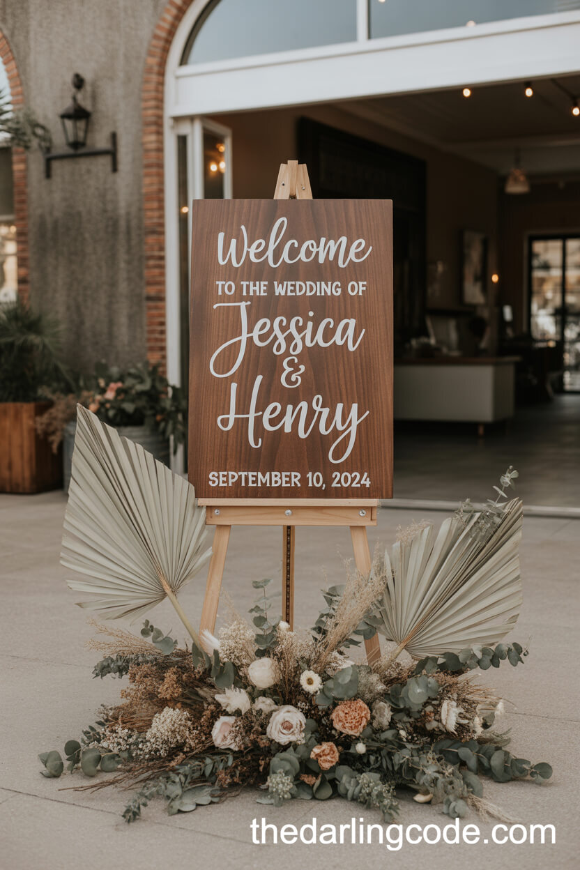 Hand-Lettered Wooden Welcome Sign with Dried Florals
