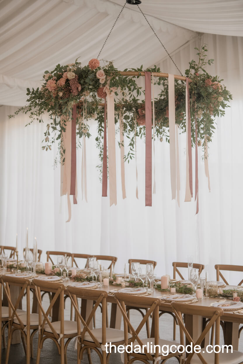 Floral Chandelier Centerpiece Above Boho Reception Table