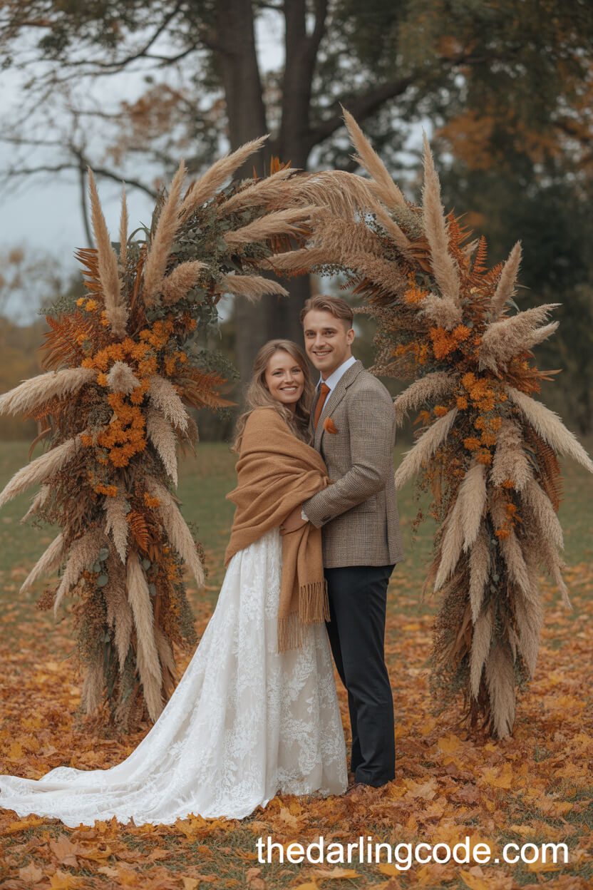 Romantic Autumn Boho Arch with Pampas and Chrysanthemums