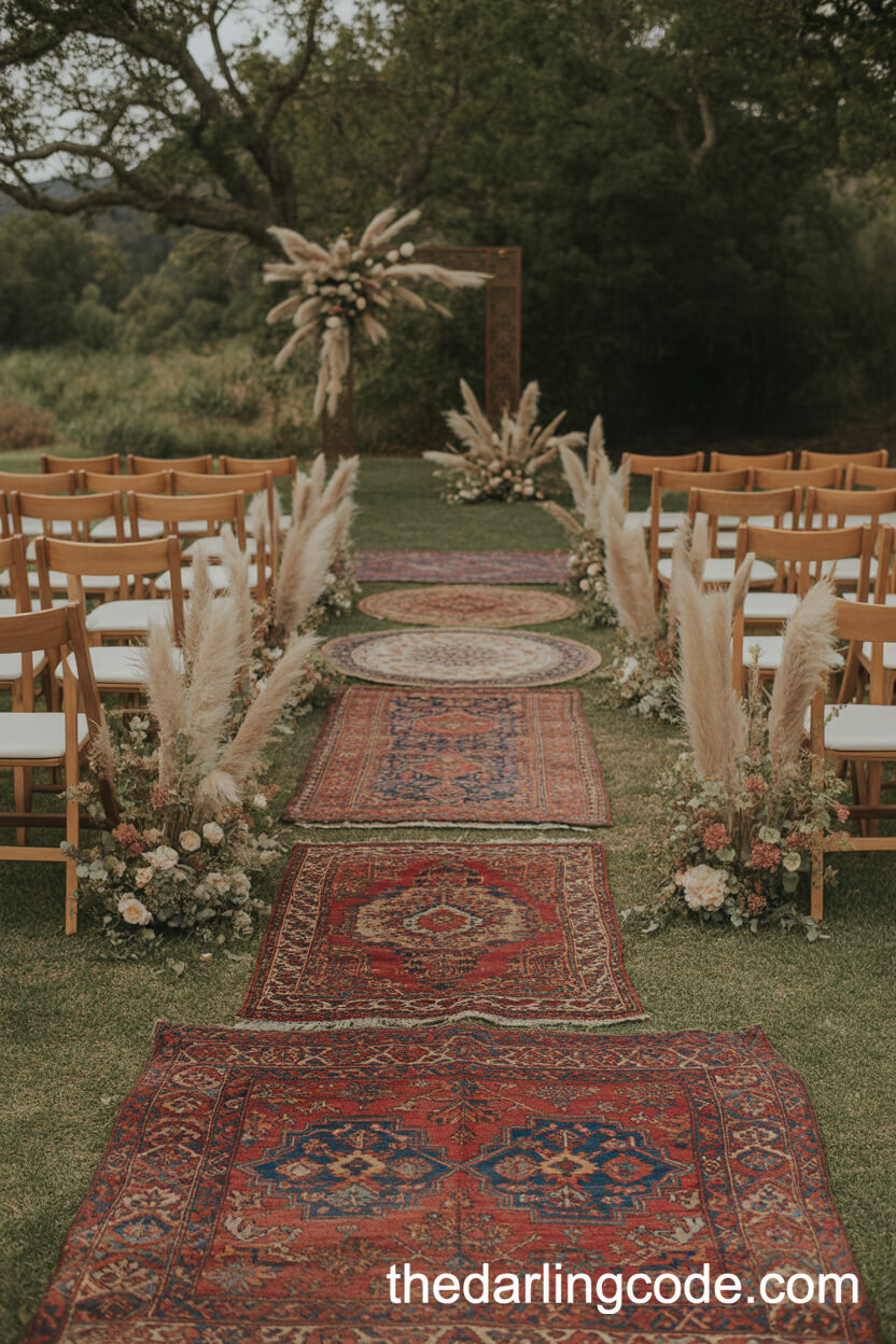 Vintage Persian Rugs Lining the Outdoor Ceremony Aisle