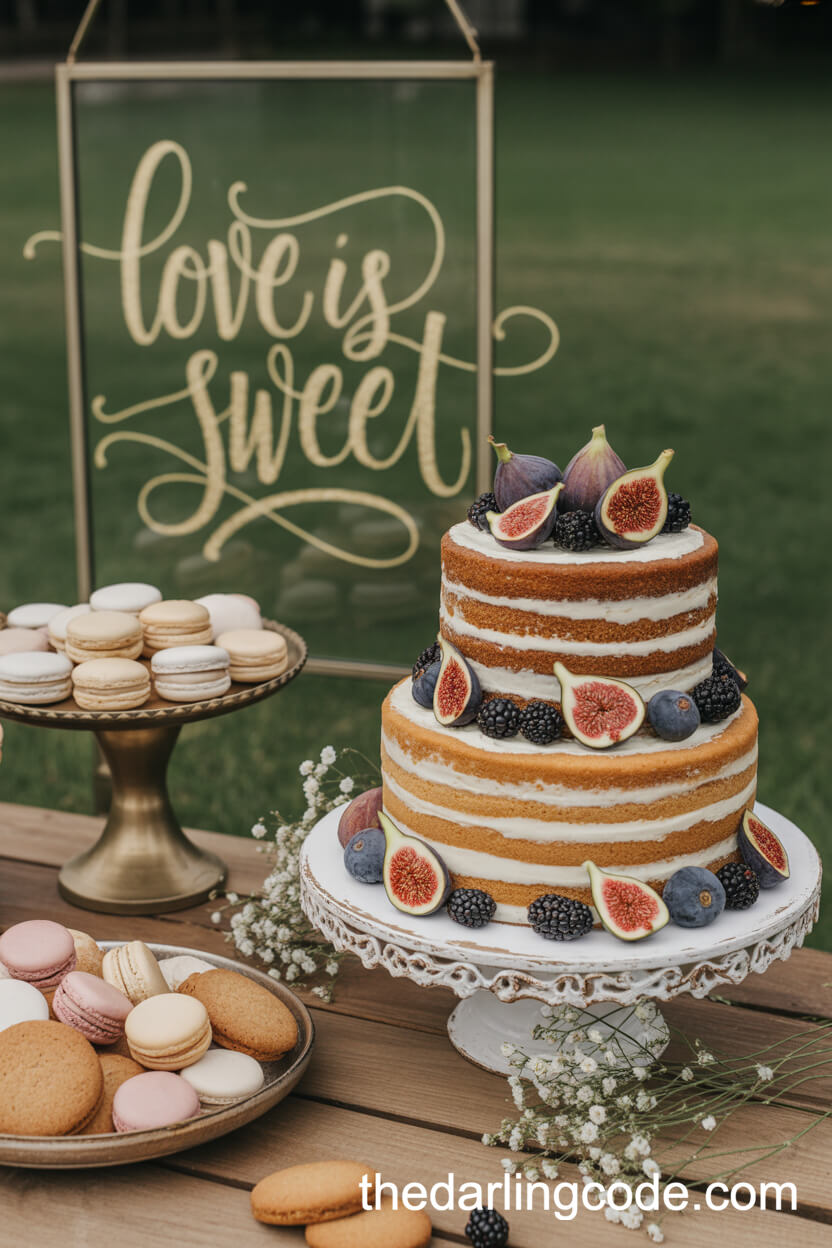 Rustic Dessert Table Featuring a Naked Wedding Cake