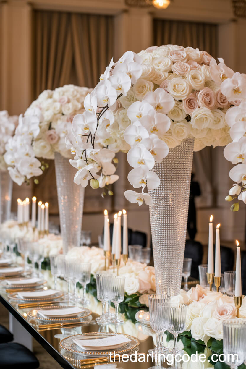 Glamorous Centerpieces with Tall Crystal Vases