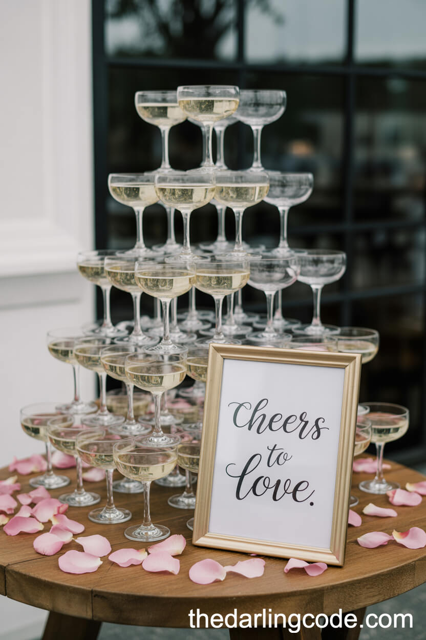 Bubbly Champagne Tower with Pink Rose Petals