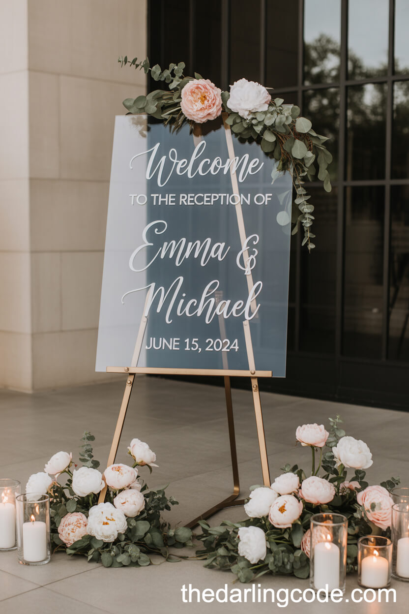Welcome Reception Sign on Gold Easel with Peonies