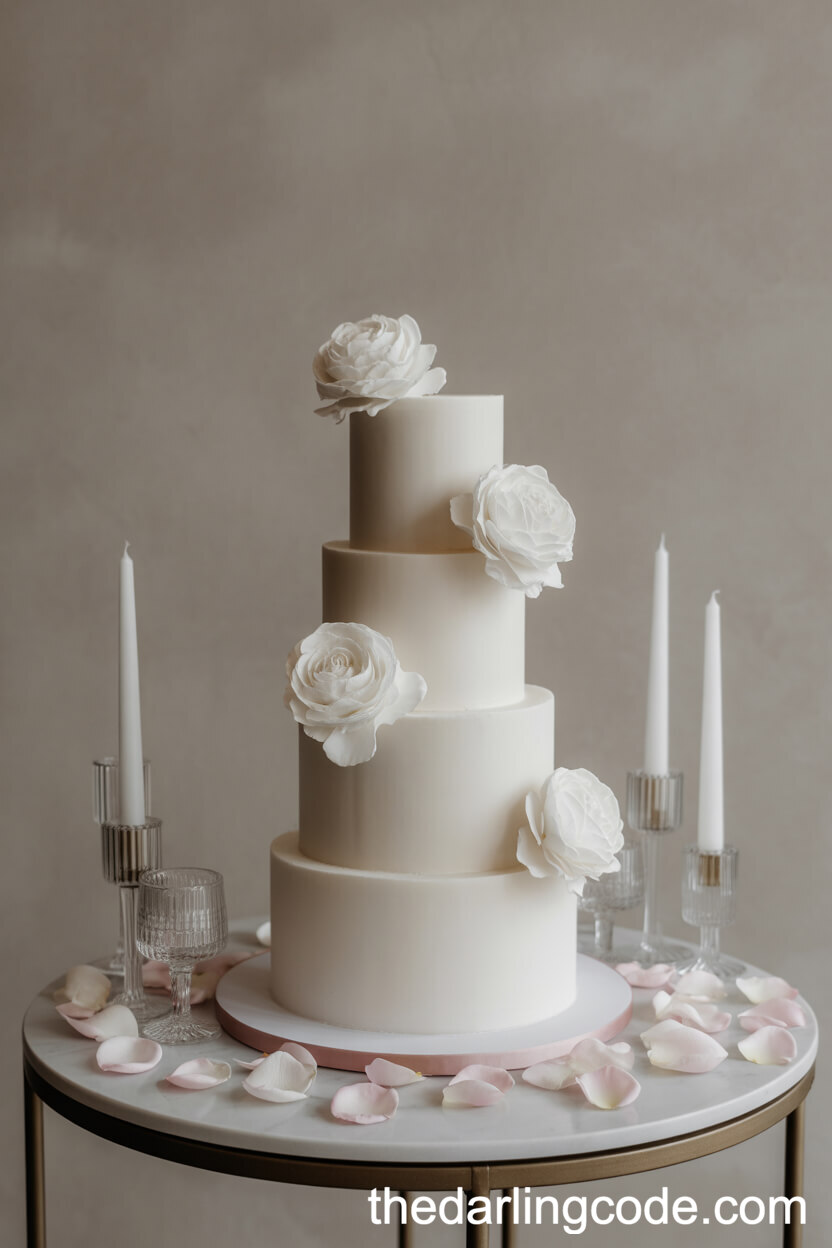 A Four-Tiered White Wedding Cake with Sugar Flowers