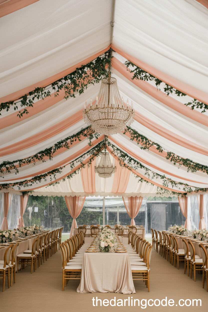 Chiffon-Draped Tent Ceiling with Chandeliers