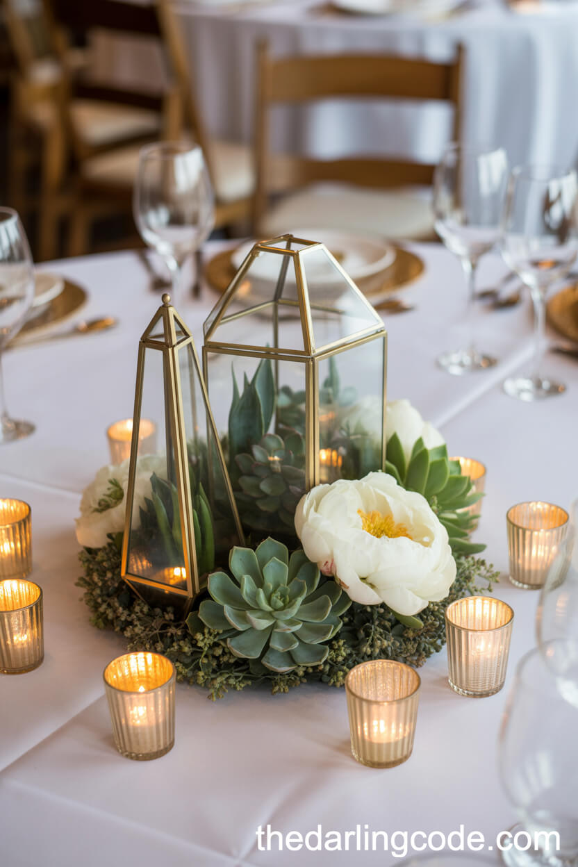 Gold Geometric Terrarium and Peony Table Centerpieces
