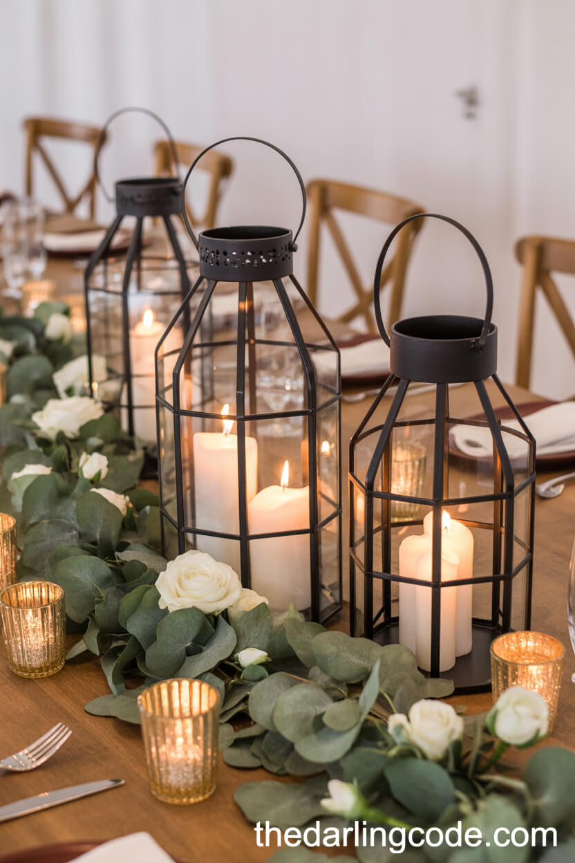 Rustic Lantern Centerpieces with Eucalyptus Garland