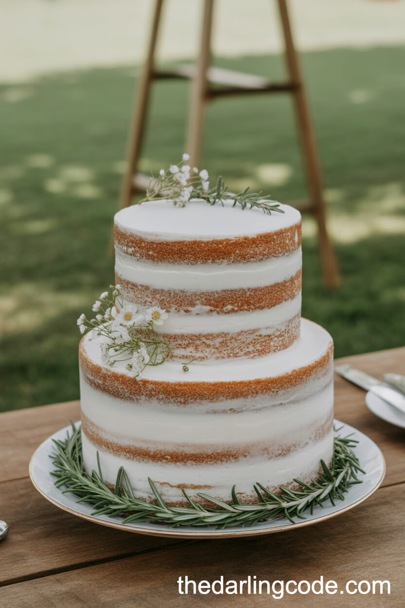 Rustic Naked Wedding Cake with Rosemary and Wildflowers