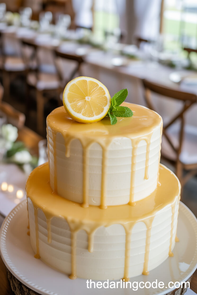 Lemon Drip Cake with Fresh Lemon and Mint Garnish