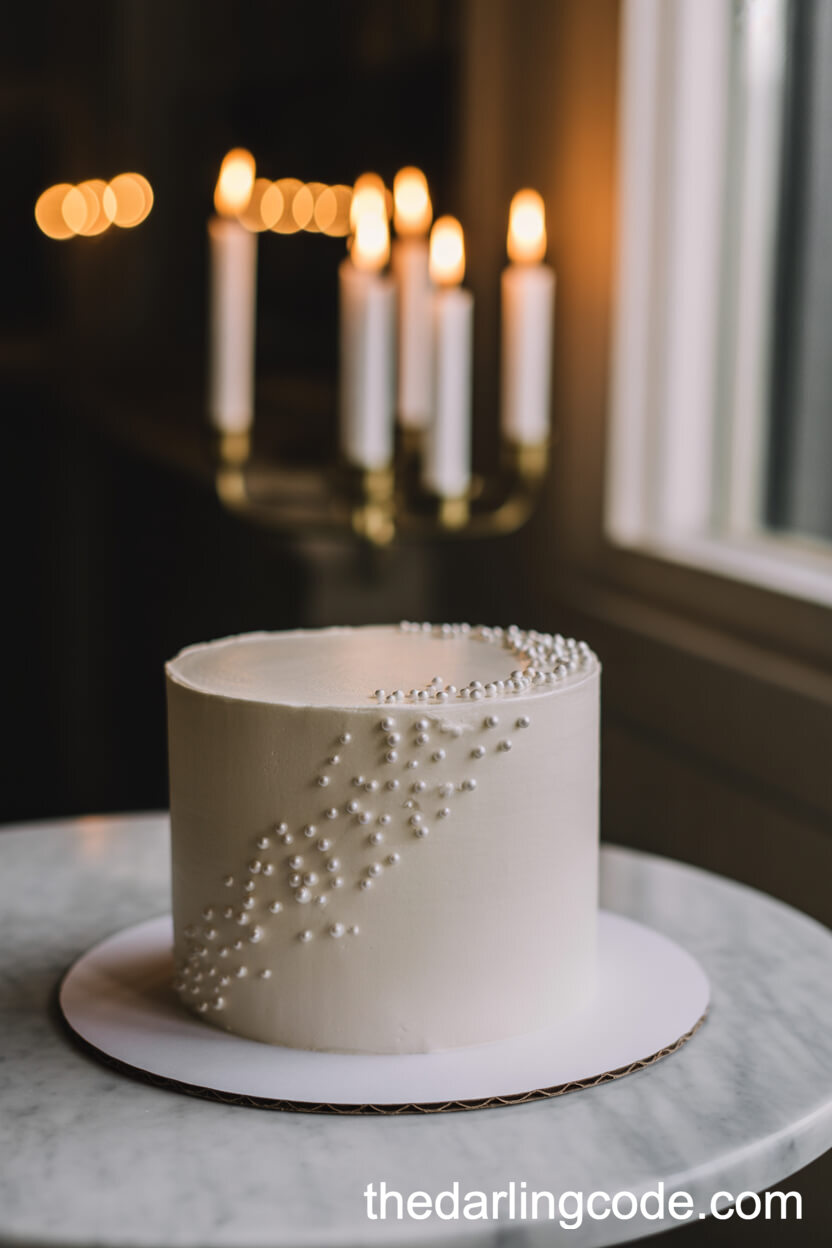 White Cake with Edible Sugar Pearls and Candlelight Setting