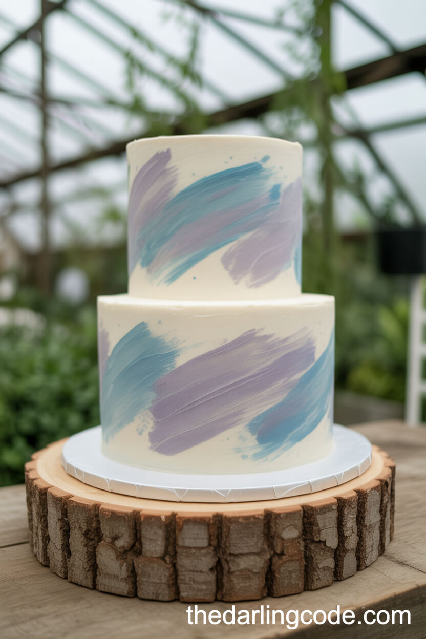 Pastel Watercolor Brushstroke Cake on Rustic Stand