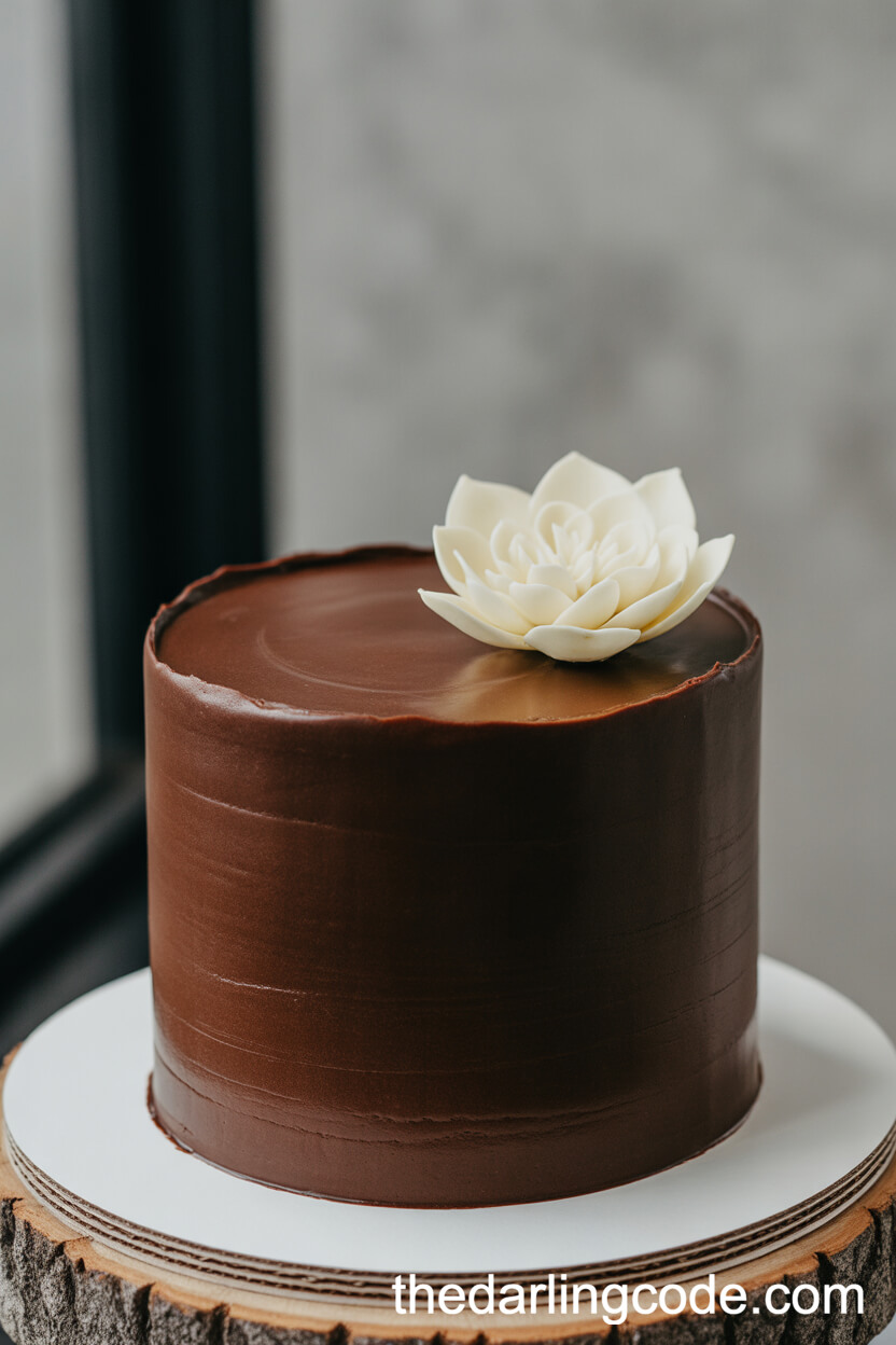 Glossy Dark Chocolate Cake with White Fondant Flower