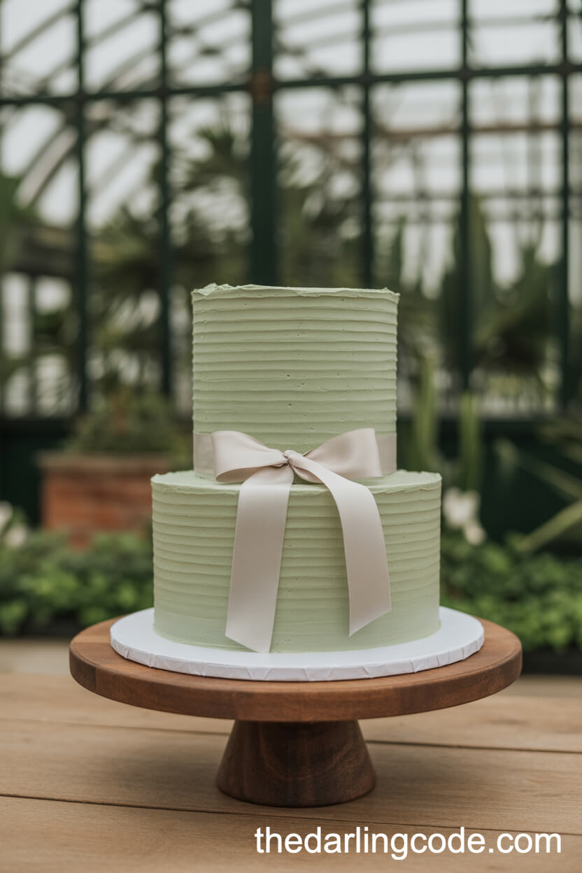 Sage Green Cake with Silk Ribbon at a Botanical Venue