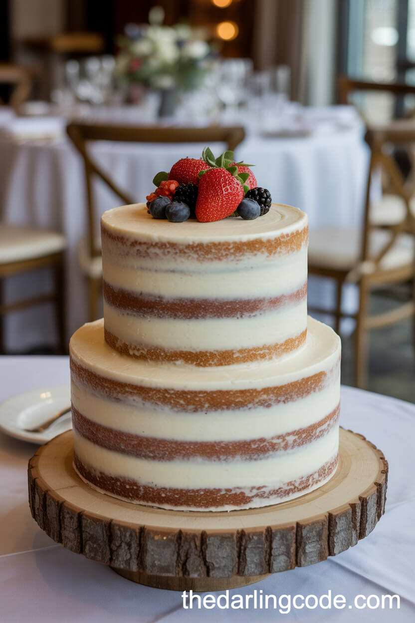 Berry-Topped Semi-Naked Cake on Wooden Stand