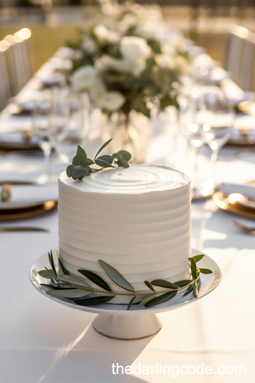 Minimalist White Cake with Eucalyptus and Olive Branches