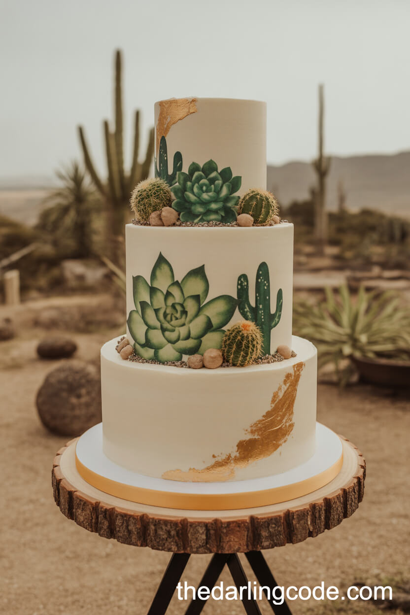 Earthy Succulent and Cactus Cake with Gold Accents