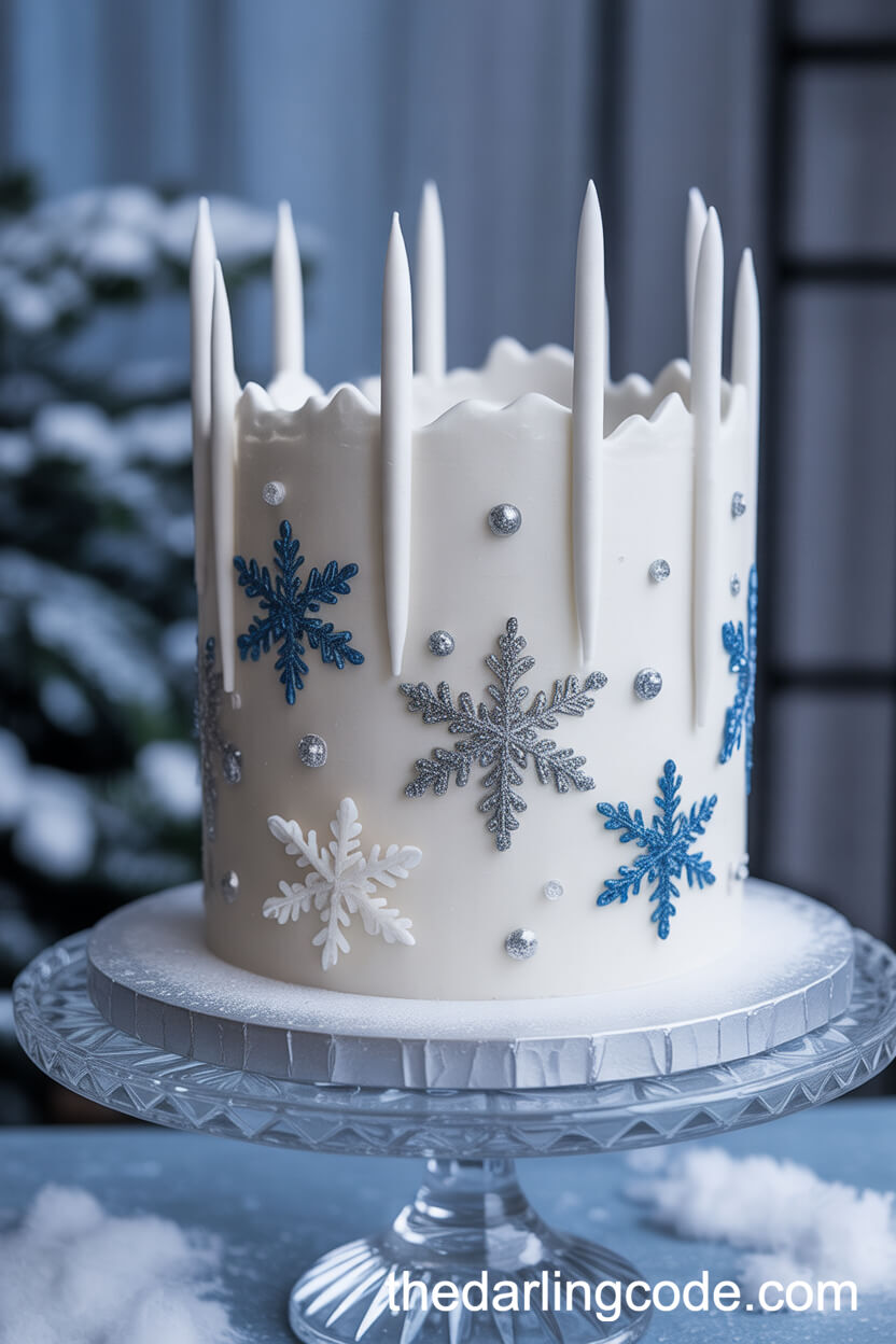 Wintry White Cake with Silver Snowflakes and Glitter
