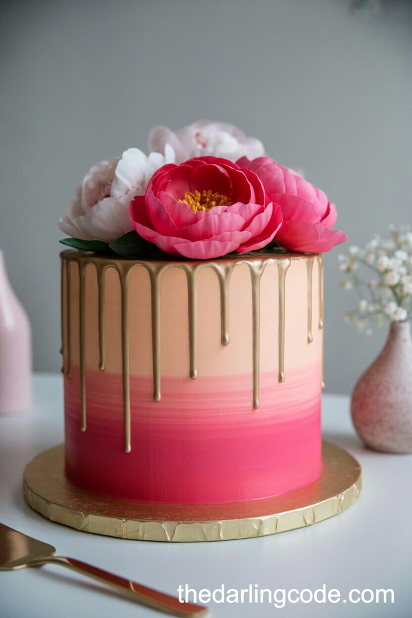 Bold Pink Ombre Cake with Gold Drip and Sugar Peonies