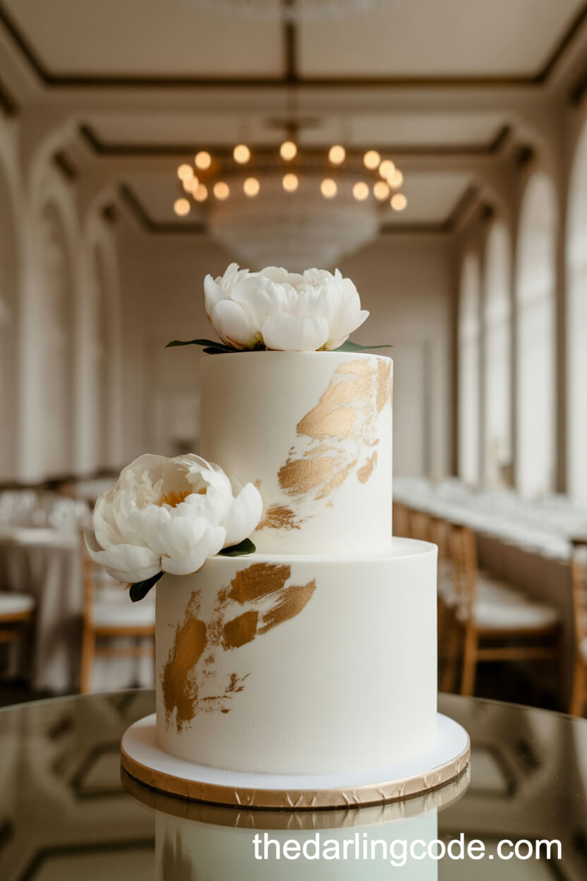 Elegant White Cake with Irregular Gold Leaf and Peonies