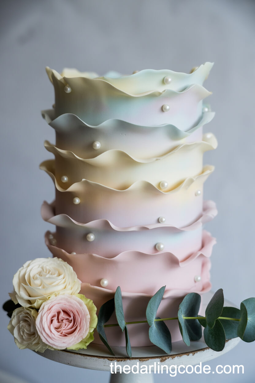 Iridescent Ruffle Cake with Pastel Pearls and Roses