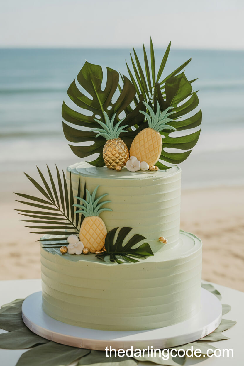 Tropical Green Buttercream Cake with Pineapples and Palm Leaves