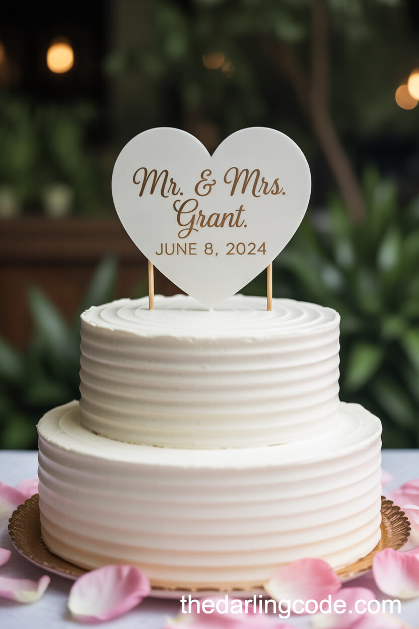 White Cake with Heart Topper and Gold Calligraphy