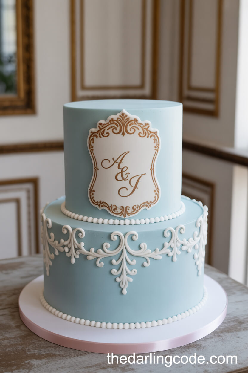 Vintage Blue and White Cake with Gold Monogram Plaque