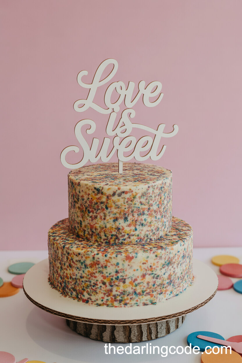 Joyful Rainbow Sprinkle Cake with “Love Is Sweet” Topper