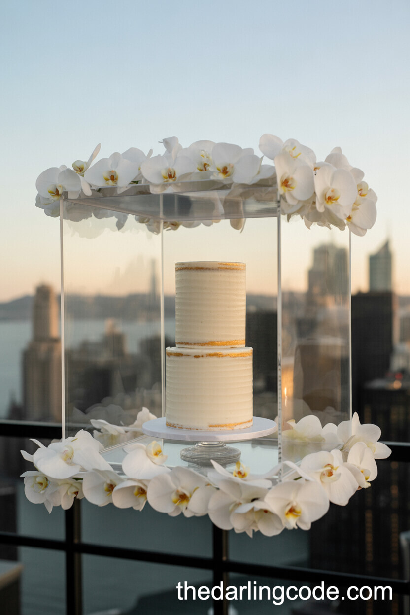 Suspended Cake in Acrylic Box with Floating Orchids