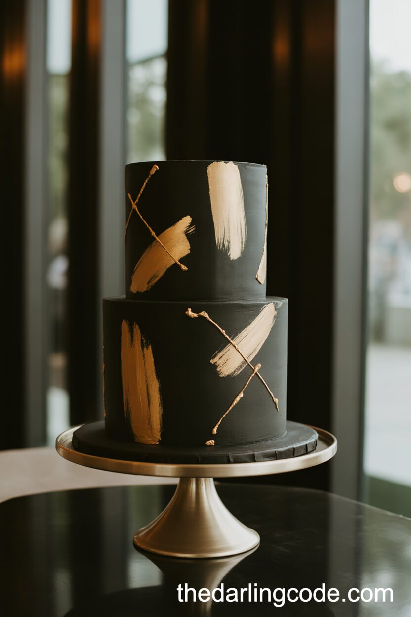 Dramatic Black Fondant Cake with Gold Geometric Detailing