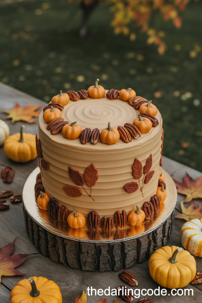 Autumnal Caramel Buttercream Cake with Pecans and Mini Pumpkins