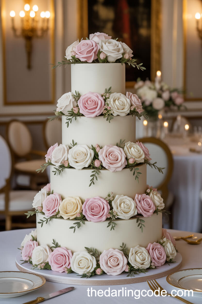 Classic Four-Tier Cake with Sugar Roses and Greenery