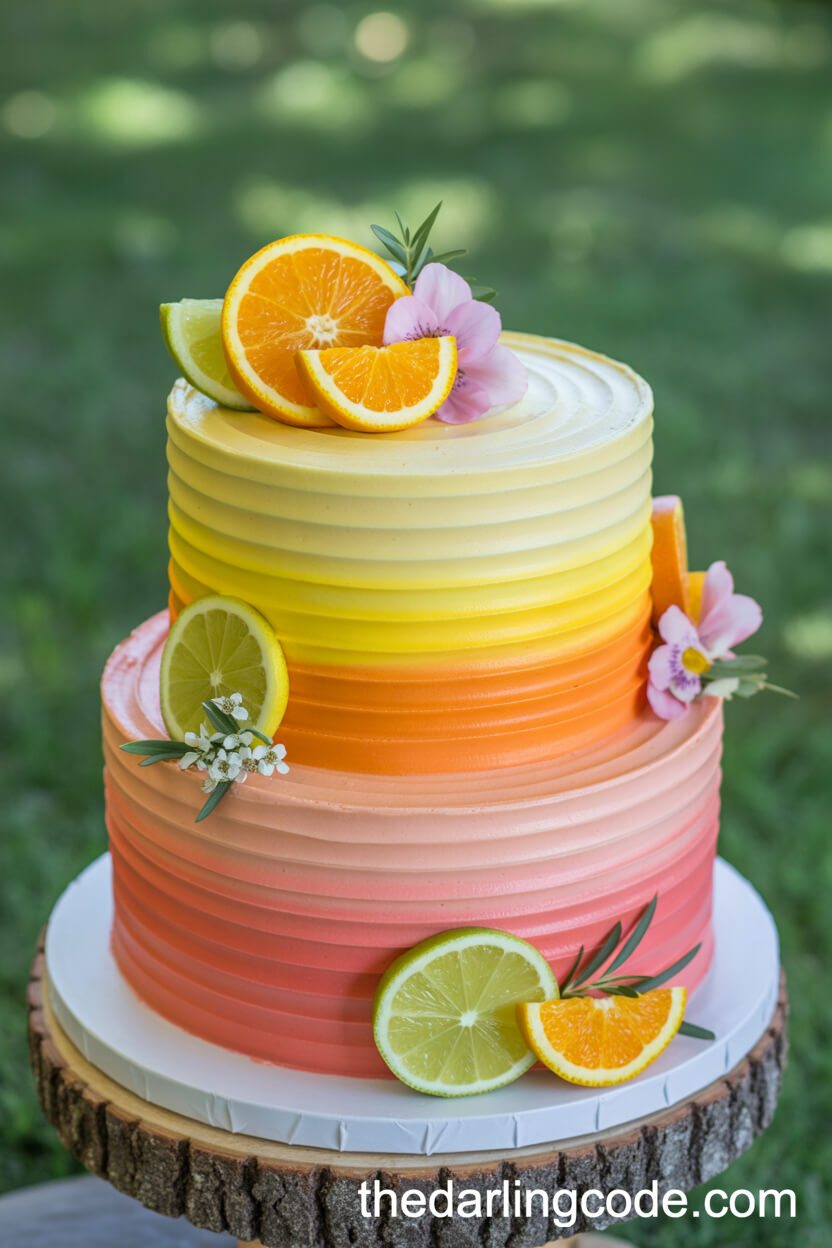 Citrus Ombre Cake with Edible Flowers and Fruit Slices