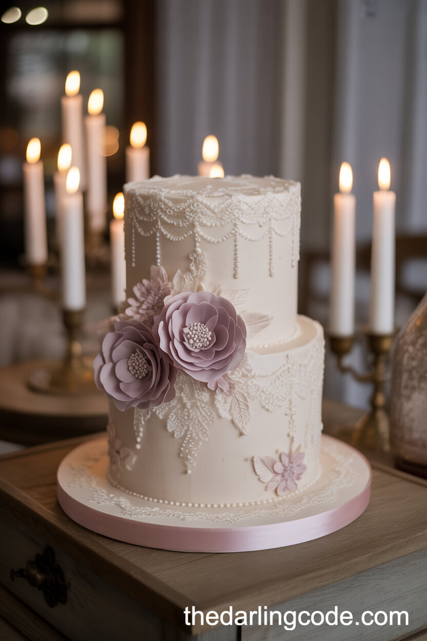 Ivory Lace Cake with Beadwork and Mauve Sugar Flowers