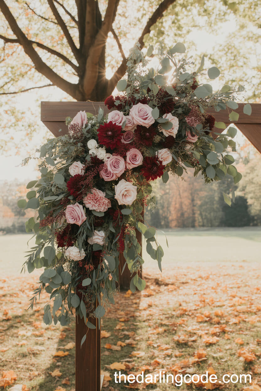 Autumn Wedding Arch with Deep Pink and Burgundy Flowers