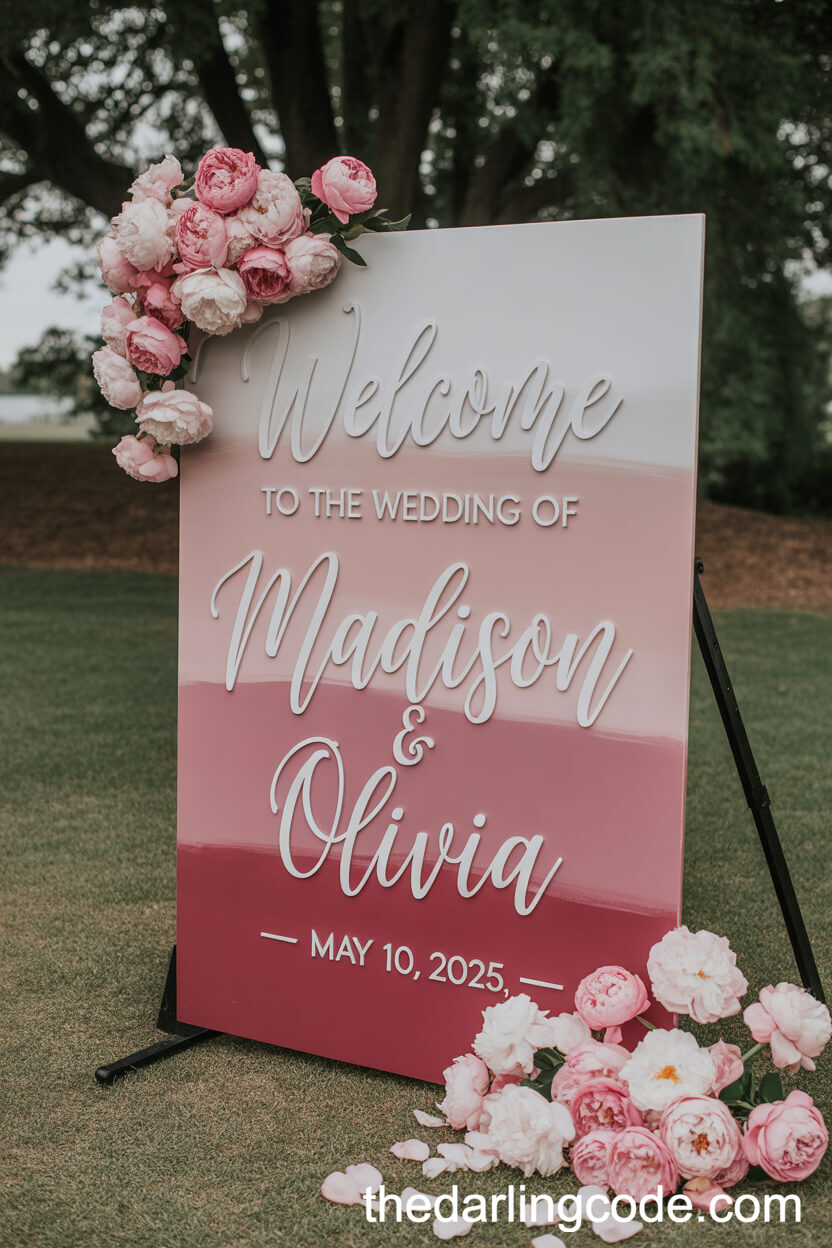 Ombre Pink Acrylic Welcome Sign at Wedding Entrance