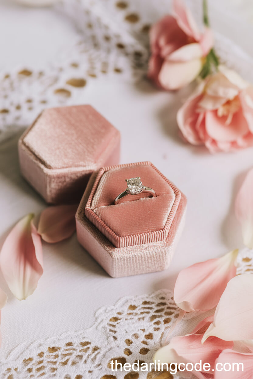 Romantic Pink Velvet Ring Box with Diamond Engagement Ring