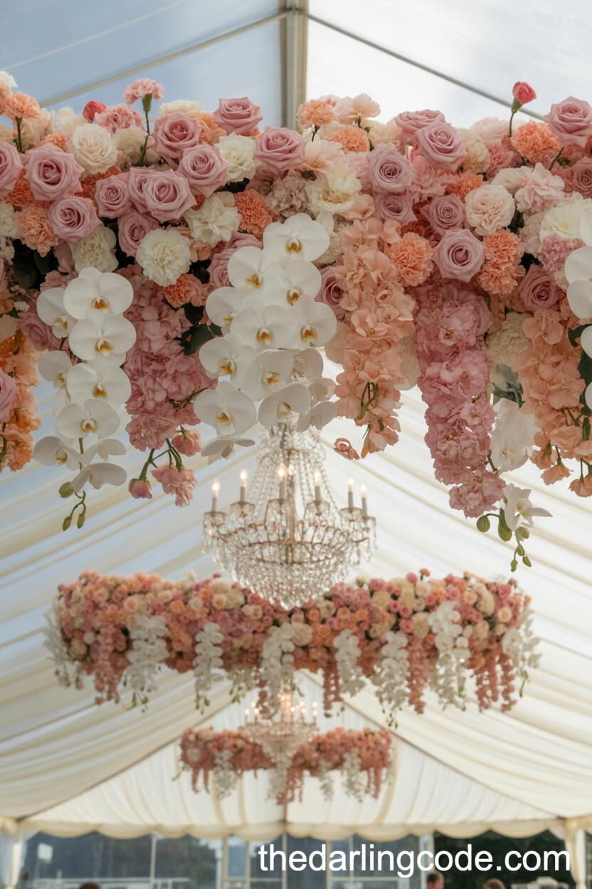 Floral Wonderland: Cascading Pink Flowers in Wedding Tent