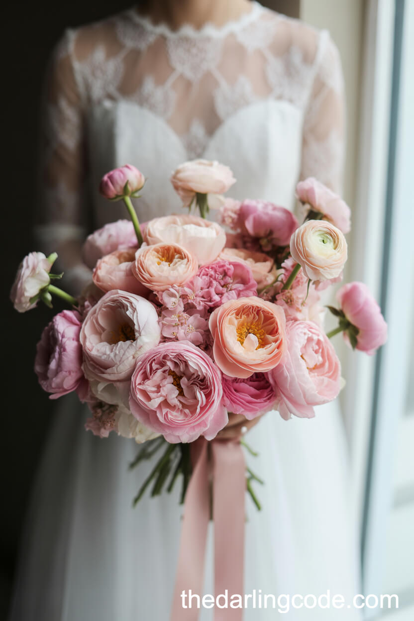 Feminine Pink Bridal Bouquet with Peonies and Roses