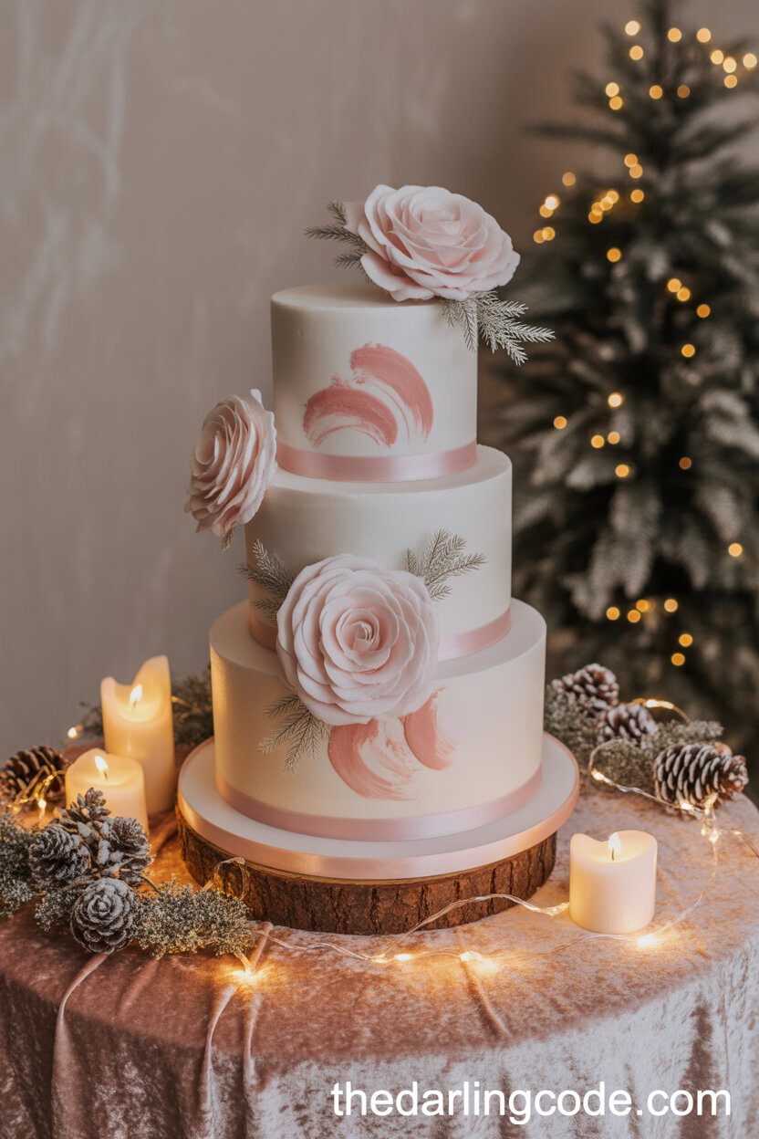 Cozy Winter Wedding Cake Table with Pink Accents