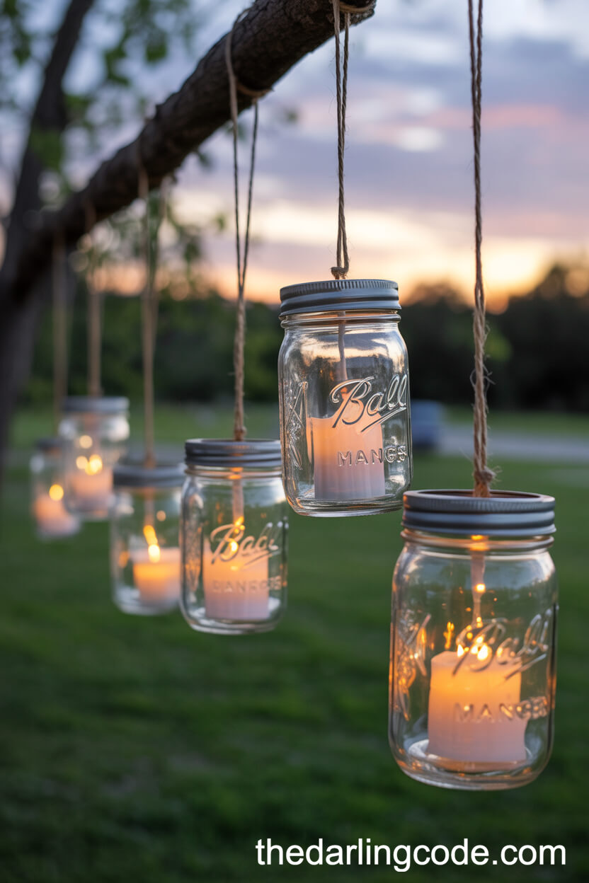 Mason Jar Lanterns Hanging from Trees or Rafters