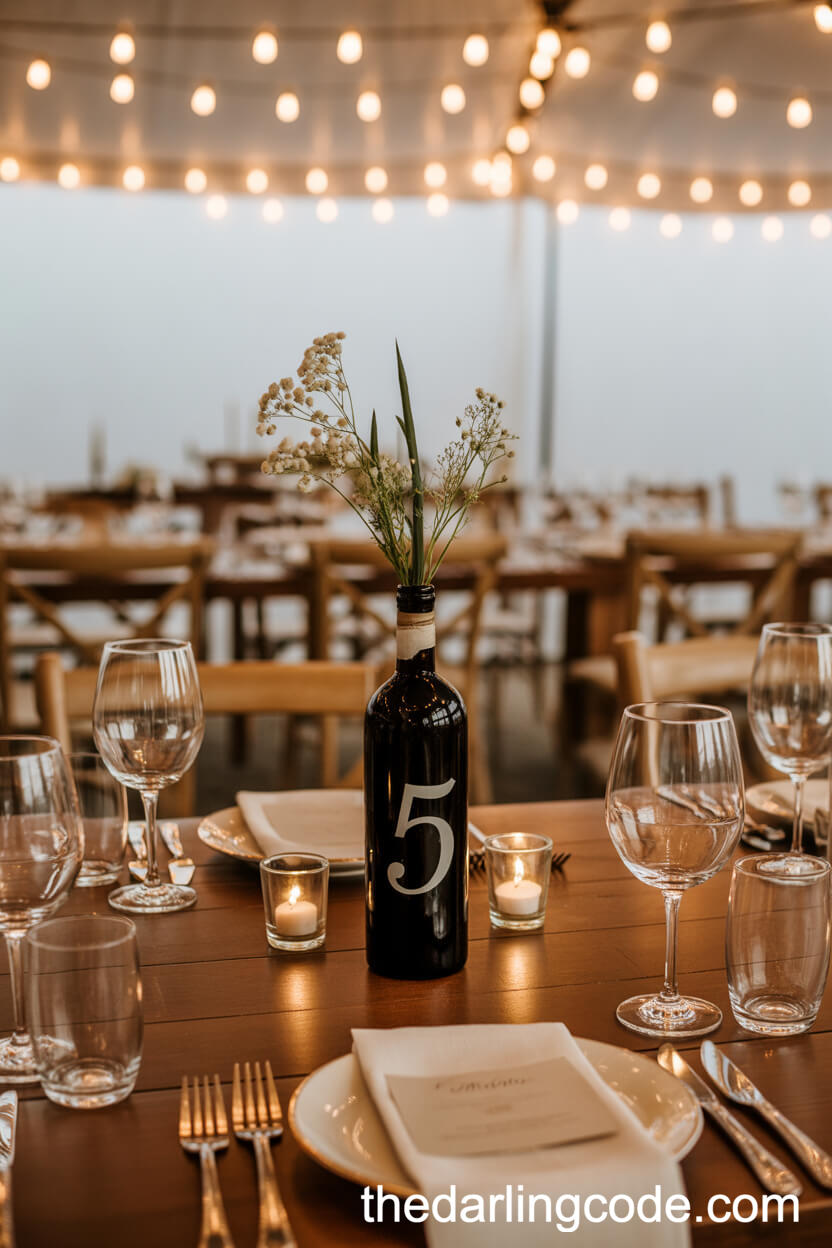 Rustic Wine Bottle Table Numbers with Sprigs of Greenery