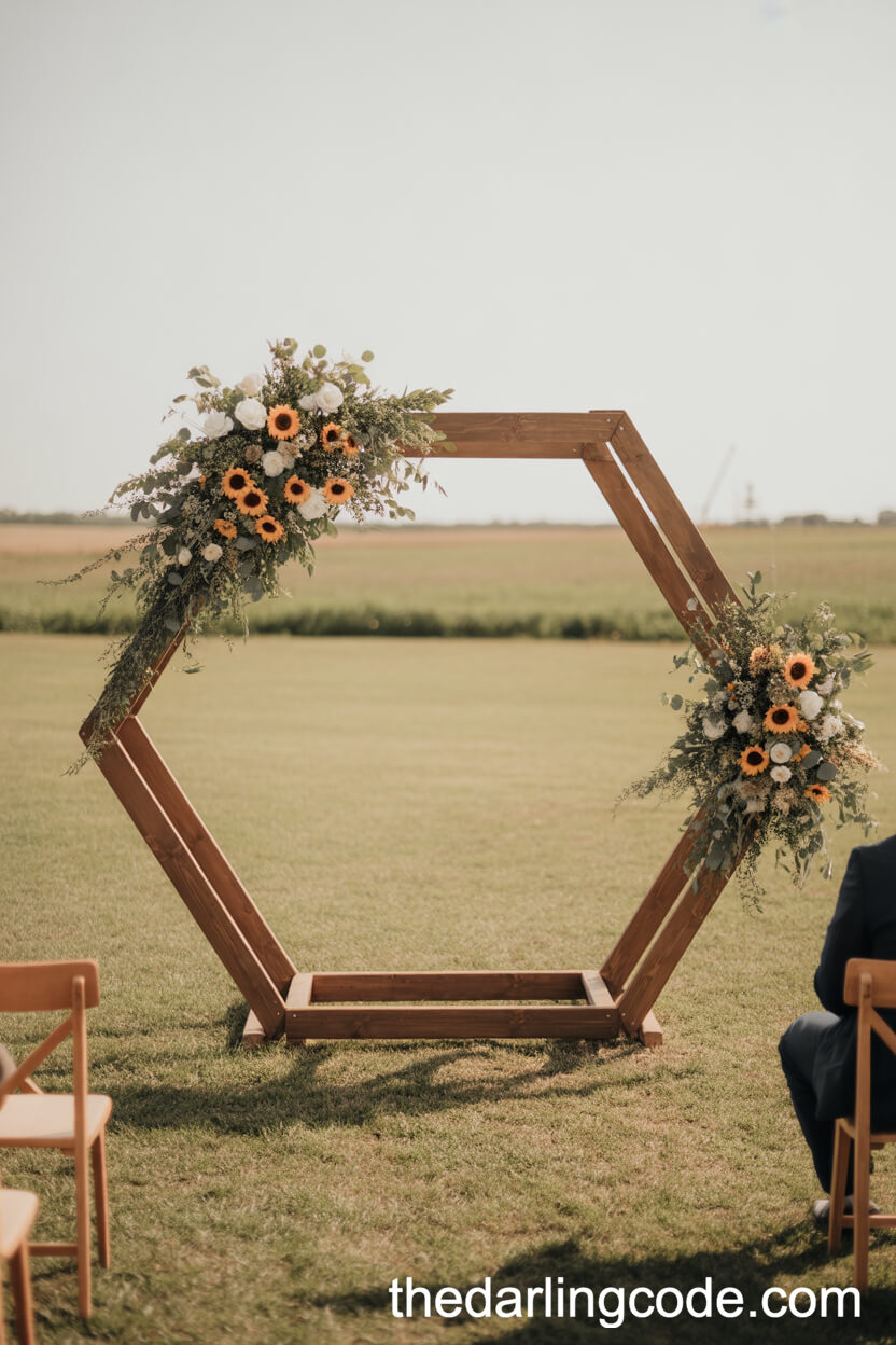 Wooden Hexagon Arch Decorated with Wildflowers