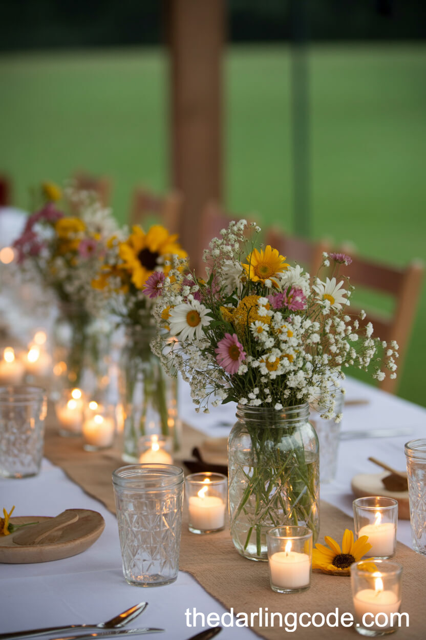 Mason Jar Centerpieces Overflowing with Wildflowers