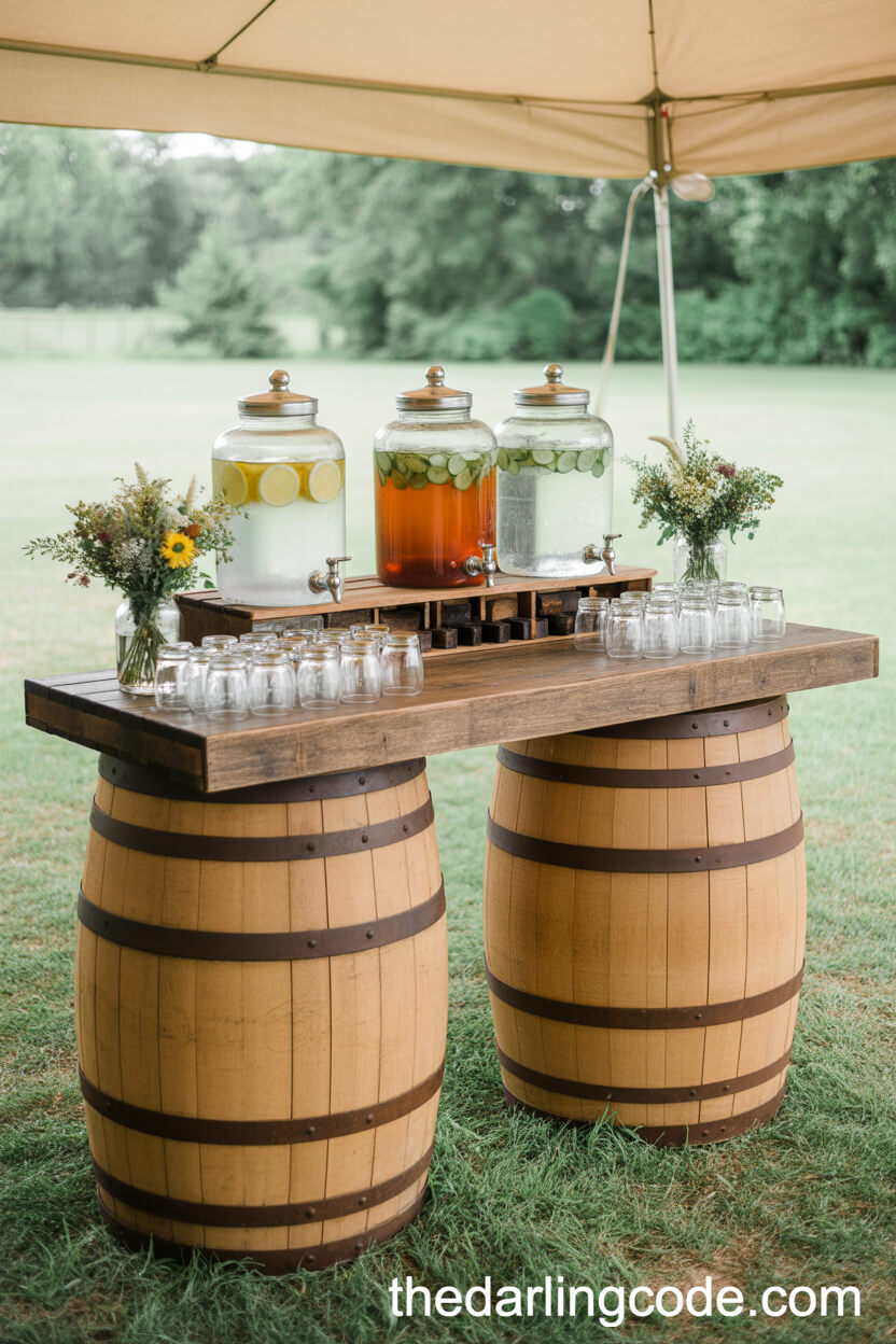 Outdoor Beverage Stations on Wooden Barrels